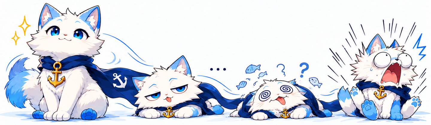 Anchor Cat progressing from composed Canon form through Derpy number 6, Brain Empty, and Panic moods
